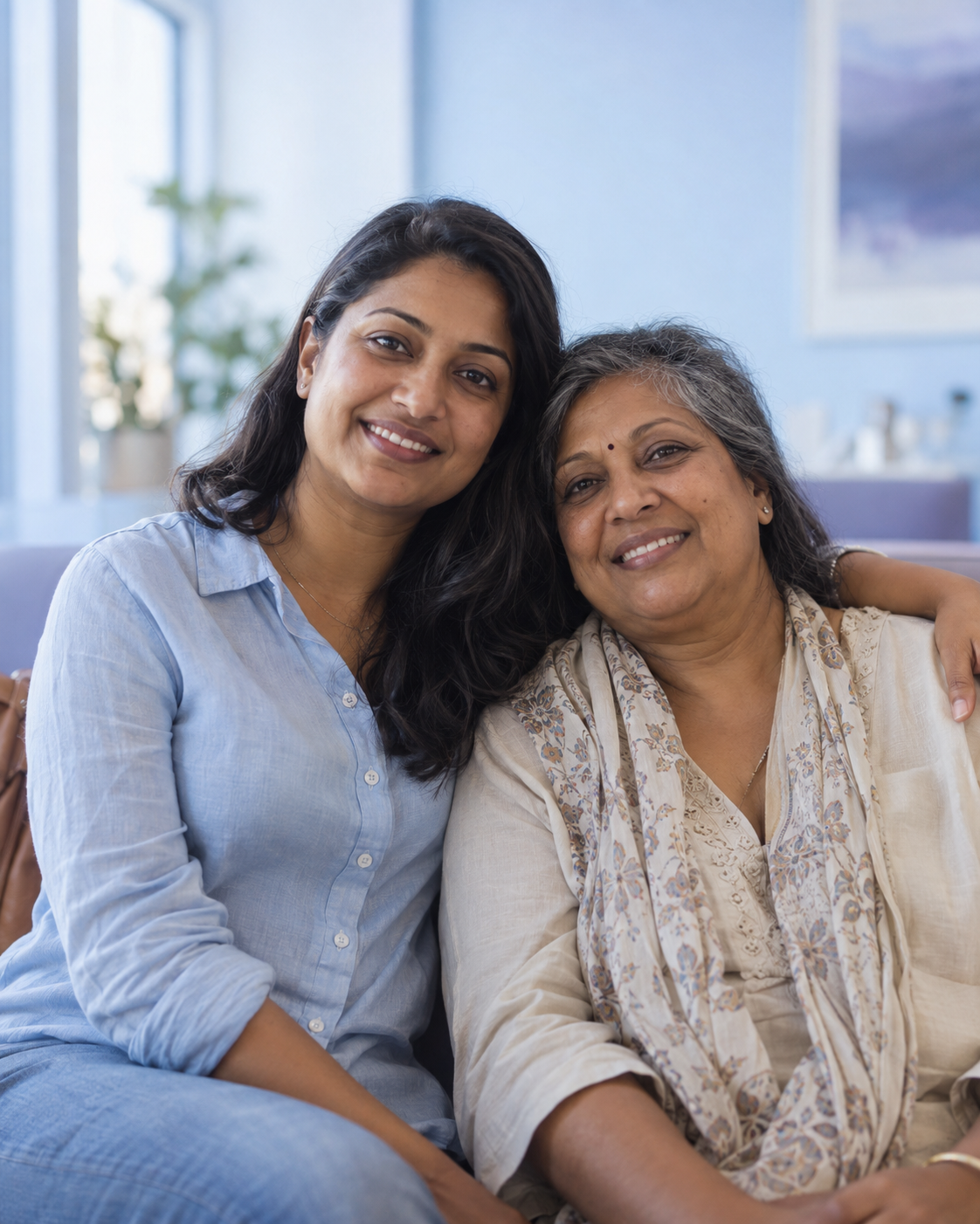 A mother and adult daughter sitting together and smiling