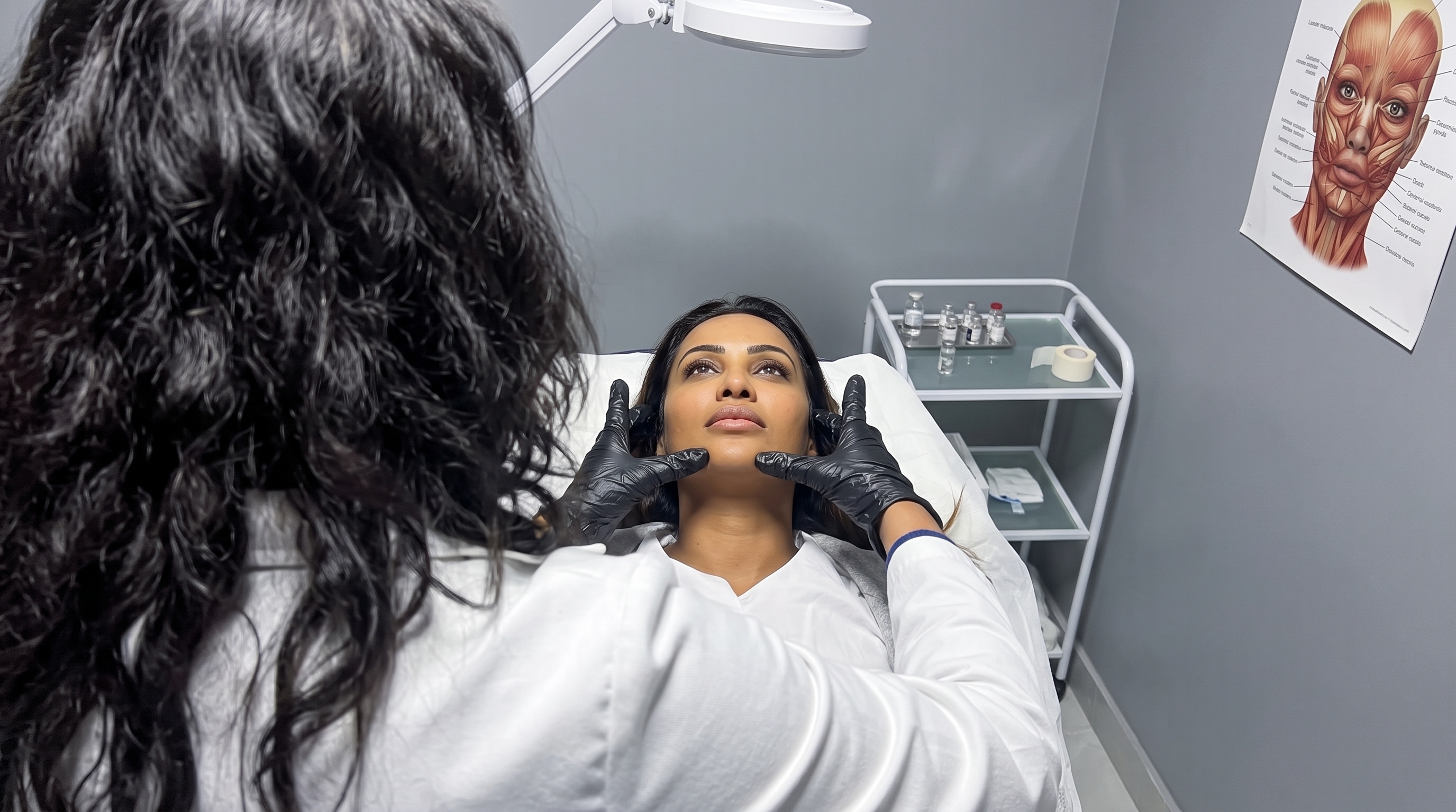 Illustrative view of a clinician assessing facial features during a consultation