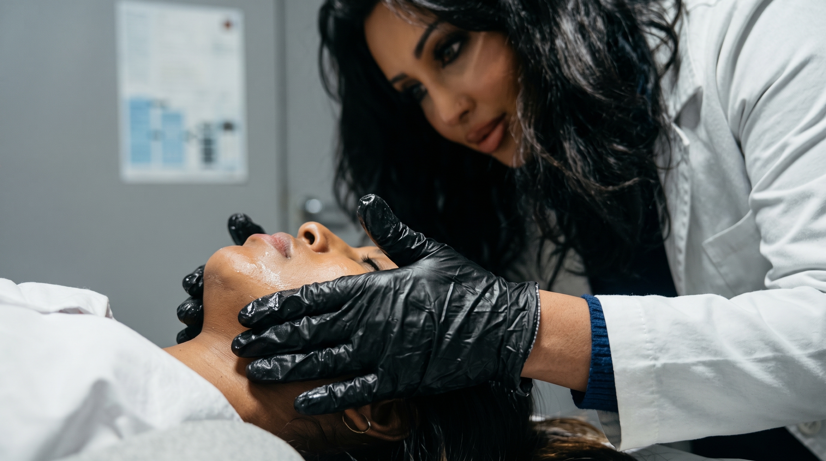 Illustrative close view of a clinician assessing facial features