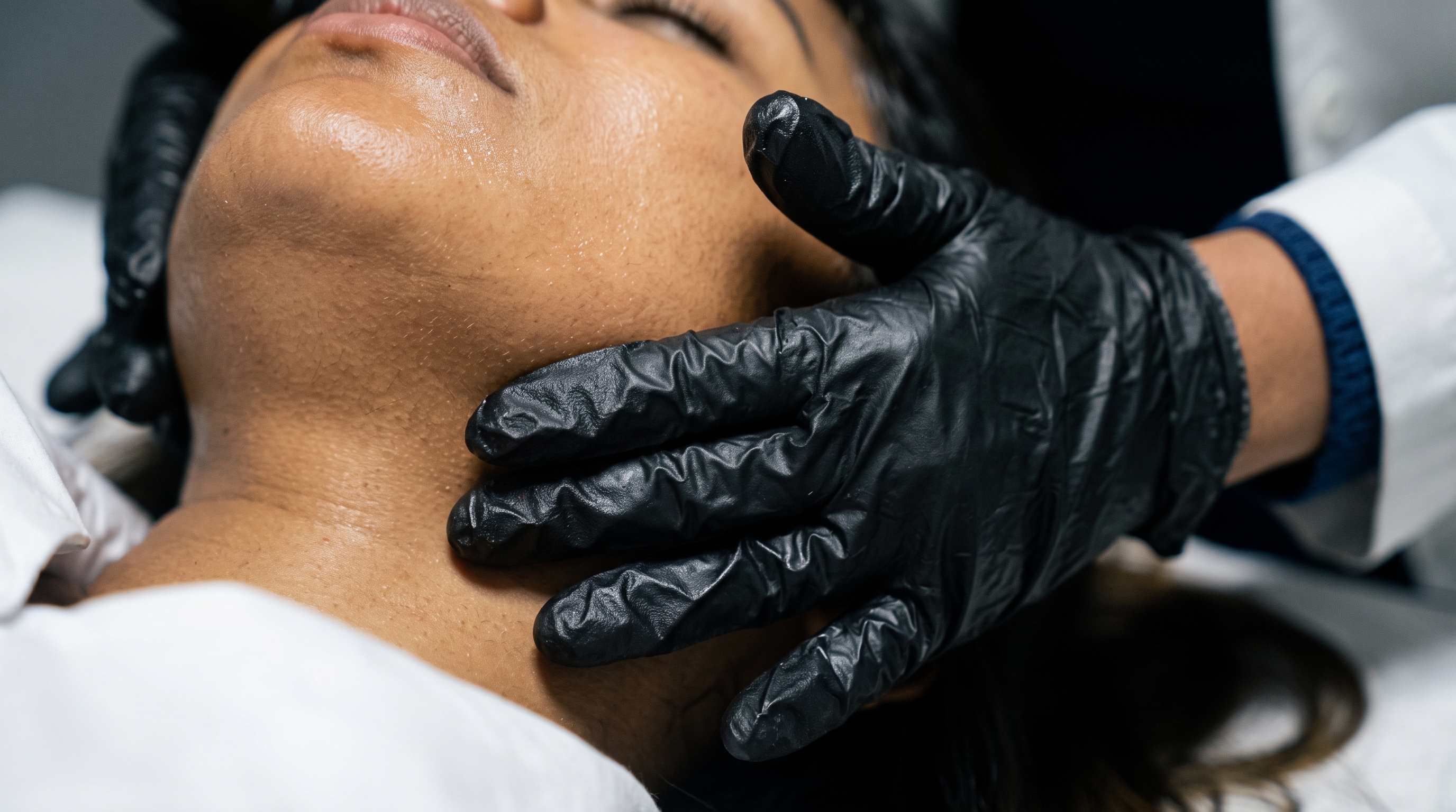 Illustrative close-up of a facial assessment with gloved hands